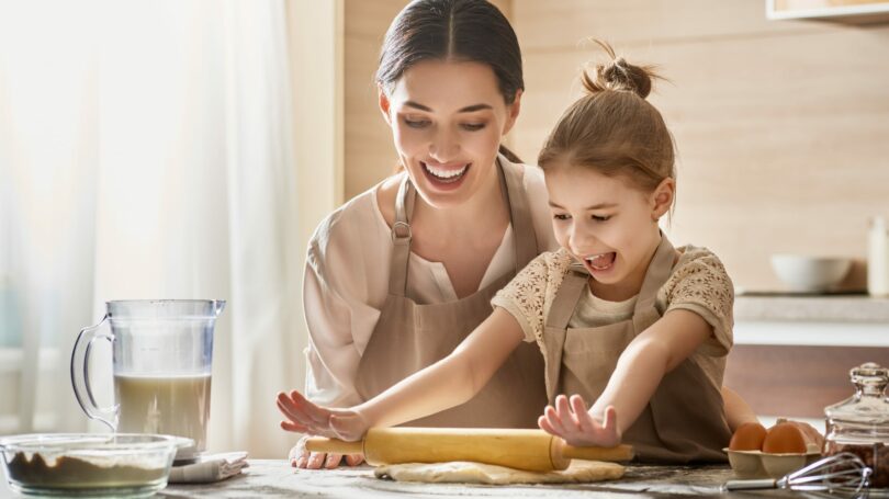 Mom Daughter Rolling Dough Kitchen Cooking