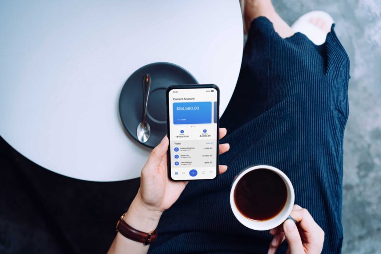 Woman Phone Bank Account Coffee Table